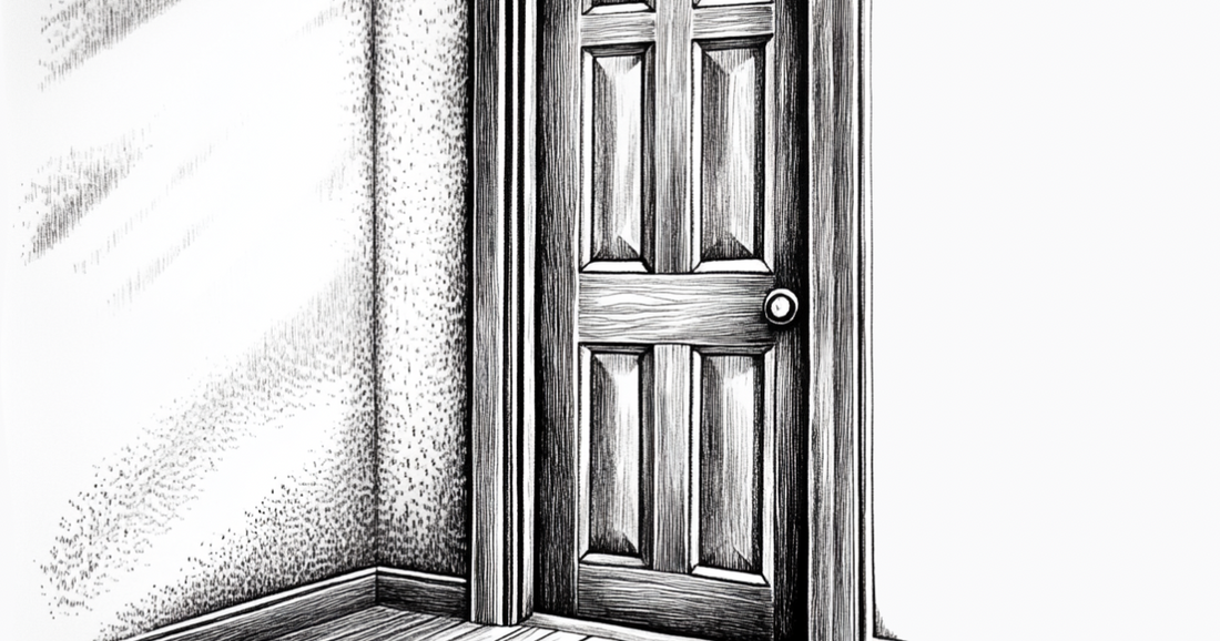 Black and white sketch of a closed door at the end of an hallway.