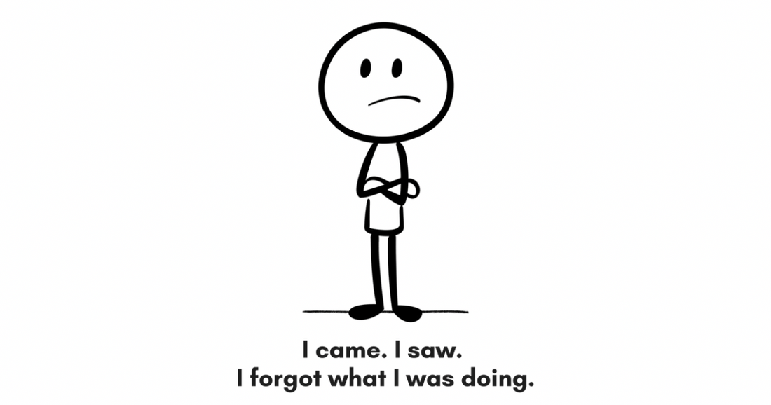 a confused stick person standing above the text: I came, I saw, I forgot what I was doing.