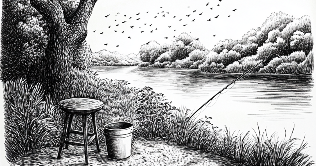 A black and white sketch of a swarm of mosquitoes at a fishing spot on the river