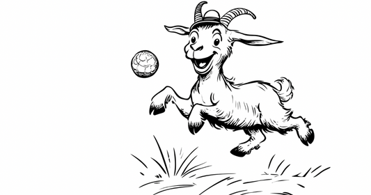 A black and white sketch of a goat playing with ball. The goat is wearing a fun hat.