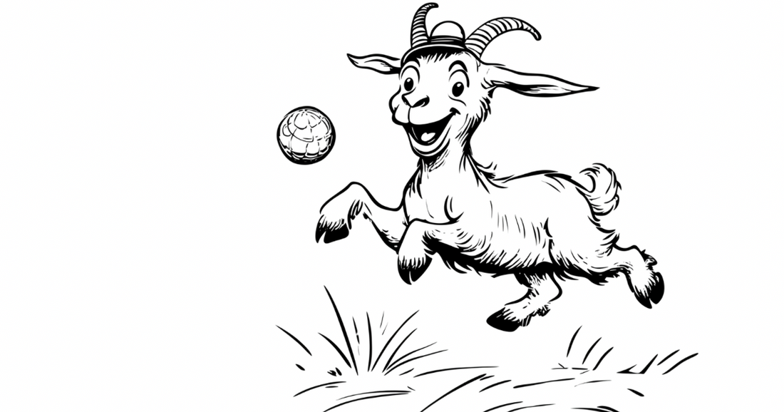 A black and white sketch of a goat playing with ball. The goat is wearing a fun hat.
