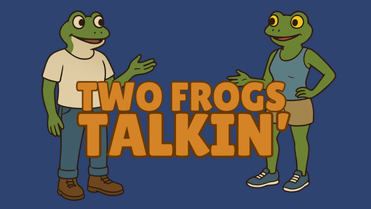 A color drawing of a frog in a white tee shirt, blue jeans and brown work boots talking with a frog wearing a light blue tank top, khaki shorts.