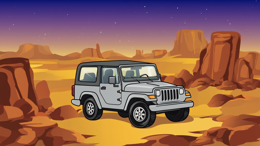 A color drawing of a grey two door jeep parked on a sandy desert plateau overlooking a vast vista as the starts come out.