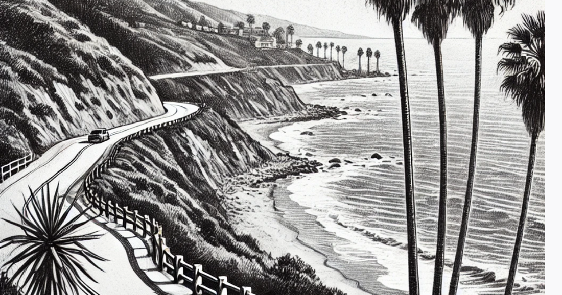 A black and white sketch of the stunning Southern California coast line