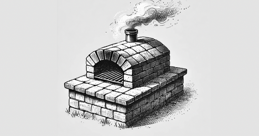 A black and white sketch of a brick bbq pit with smoke