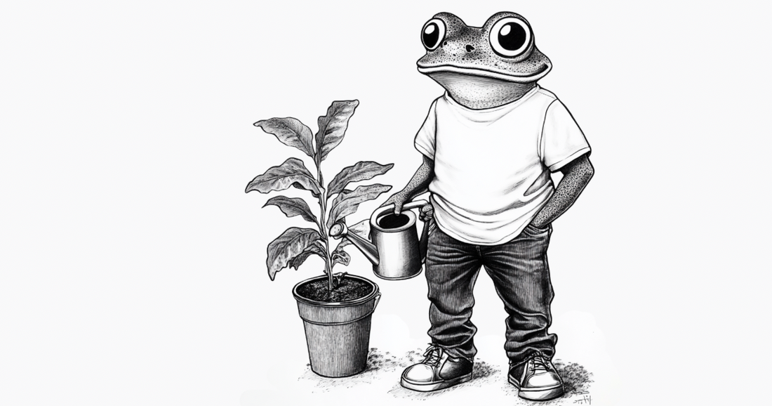 A frog in a white untucked t-shirt, blue jeans and work boots waters a house plant.