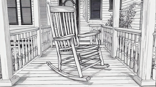 A black and white drawing of a rocking chair on a front porch.