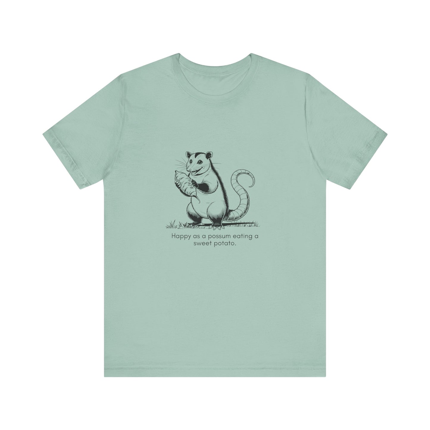 “Happier than a possum eating a sweet potato.” Unisex Line Drawing Graphic T-Shirt