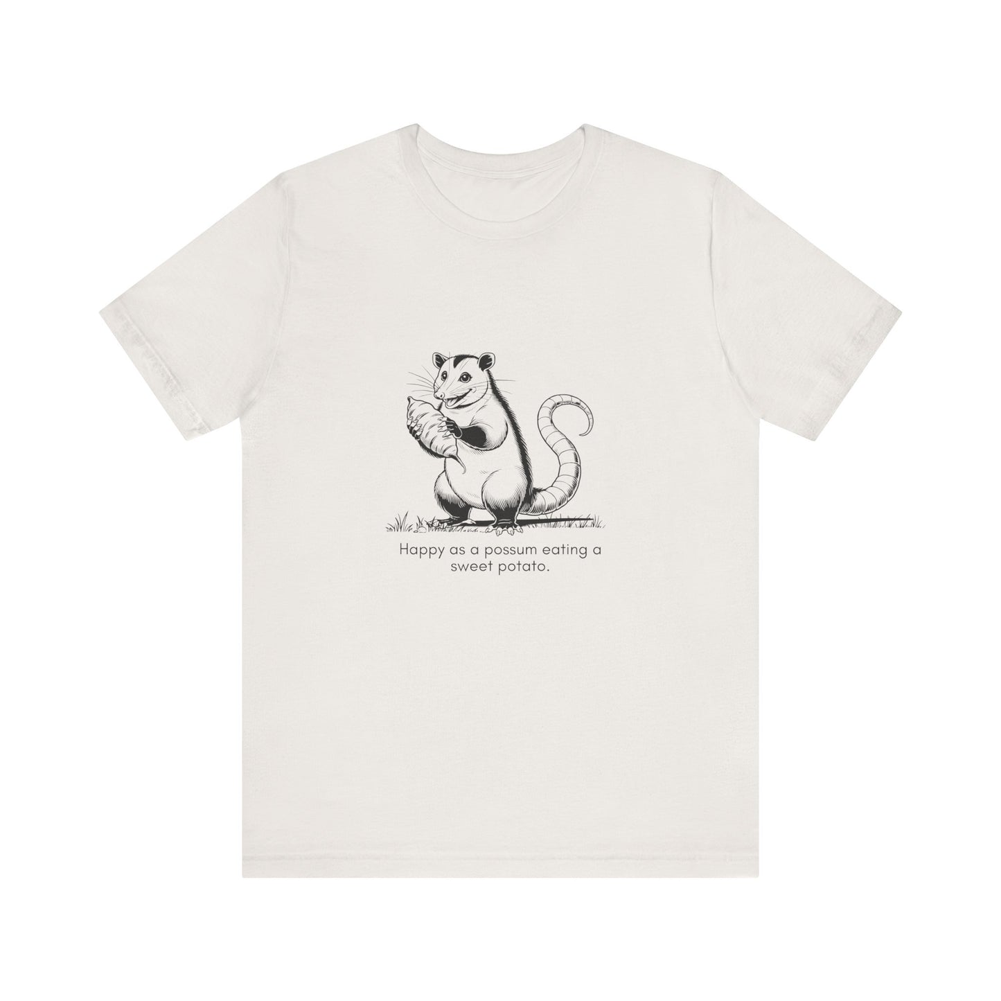 “Happier than a possum eating a sweet potato.” Unisex Line Drawing Graphic T-Shirt