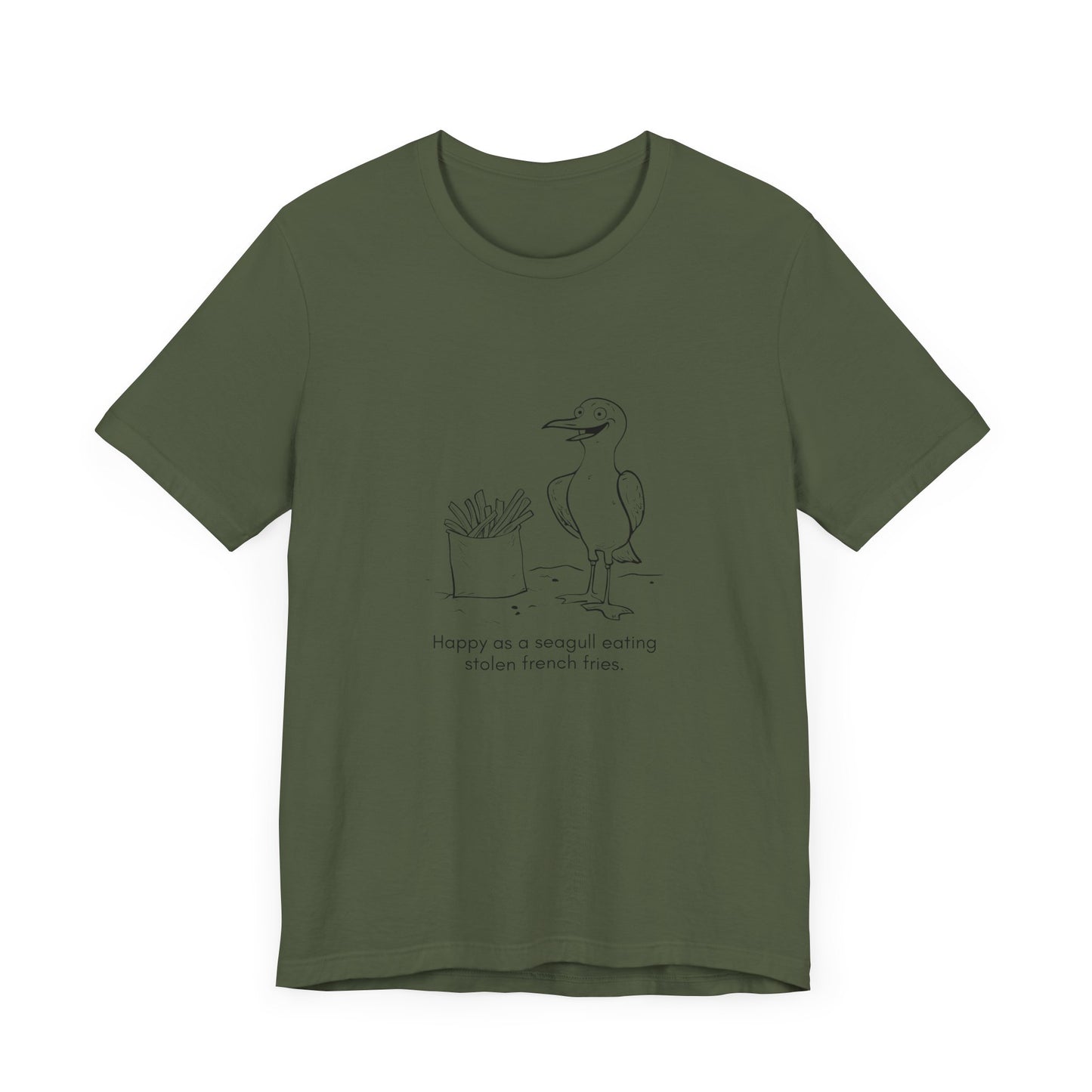 “Happier than a seagull eating stolen french fries.” Unisex Line Drawing Graphic T-Shirt