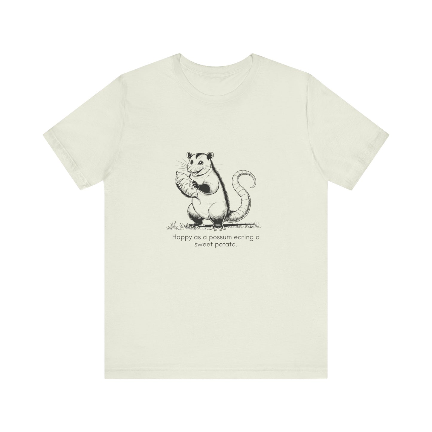 “Happier than a possum eating a sweet potato.” Unisex Line Drawing Graphic T-Shirt