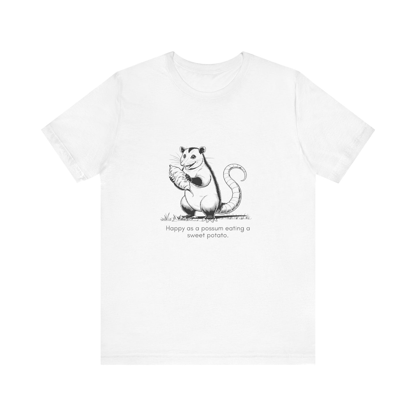 “Happier than a possum eating a sweet potato.” Unisex Line Drawing Graphic T-Shirt