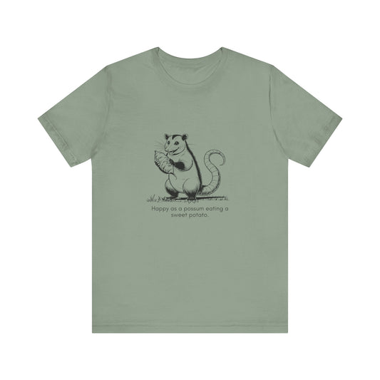 “Happier than a possum eating a sweet potato.” Unisex Line Drawing Graphic T-Shirt