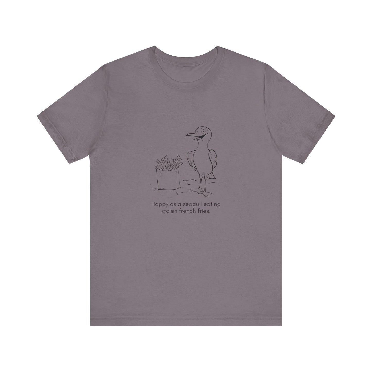 “Happier than a seagull eating stolen french fries.” Unisex Line Drawing Graphic T-Shirt