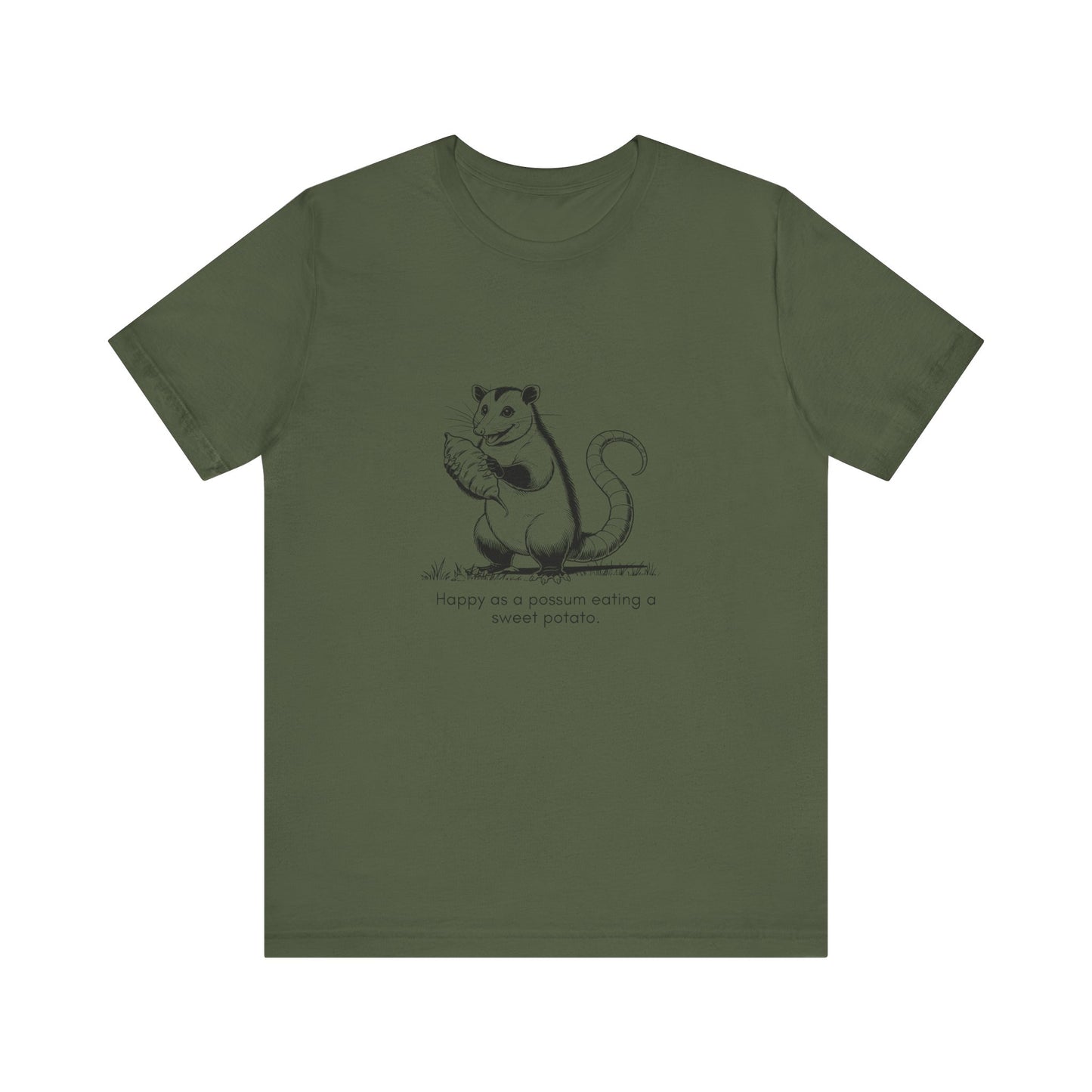 “Happier than a possum eating a sweet potato.” Unisex Line Drawing Graphic T-Shirt