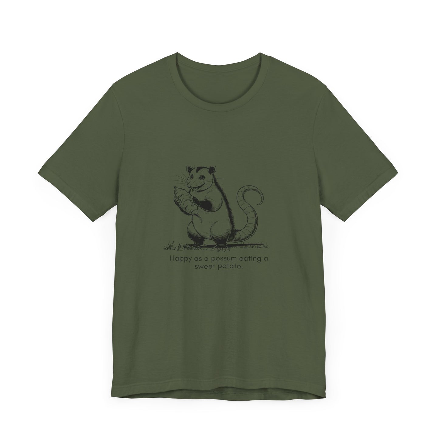 “Happier than a possum eating a sweet potato.” Unisex Line Drawing Graphic T-Shirt